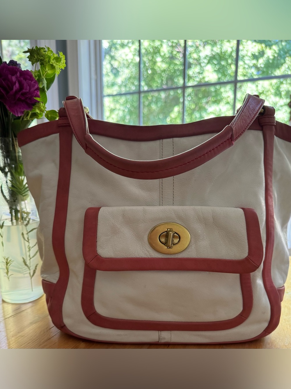 Vintage 2008 Coach Cricket Tote - Ivory with Rose Pink Leather Trim Distressed